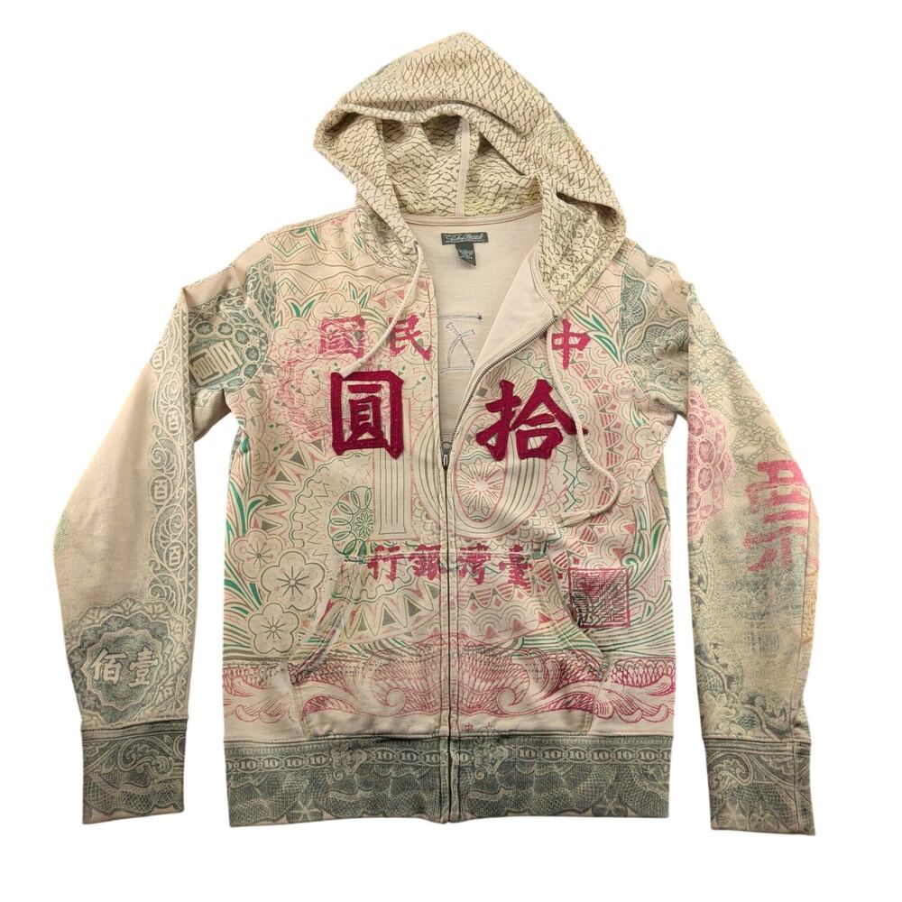 Lucky Brand Y2K Asian Money Yen AOP Full Zip Hoodie Women's Small Grunge